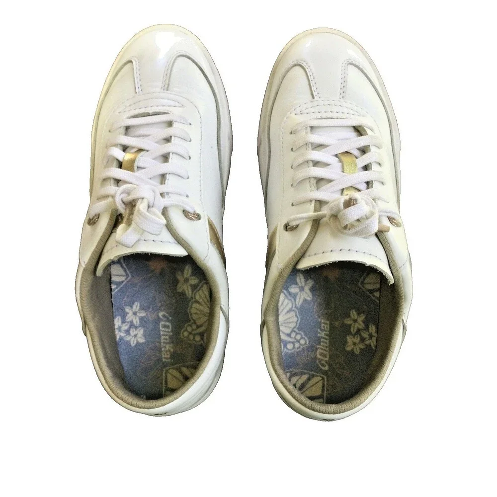 Olukai Ha'upu US 7 Full Grain Leather Sneaker Tennis Shoe Slide White Gold EU 37